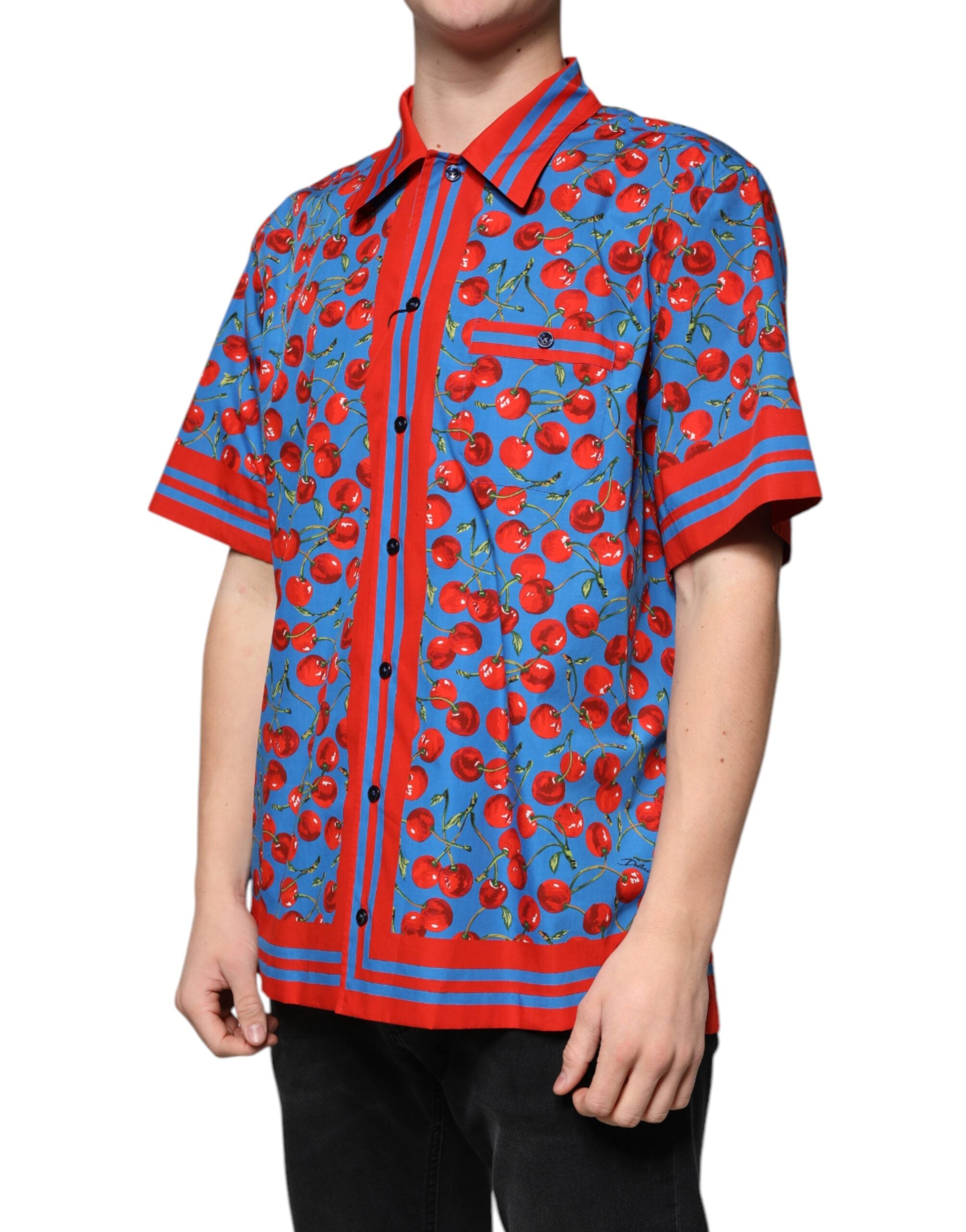Dolce & Gabbana Blue Cherry Cotton Button-Down Casual Shirt